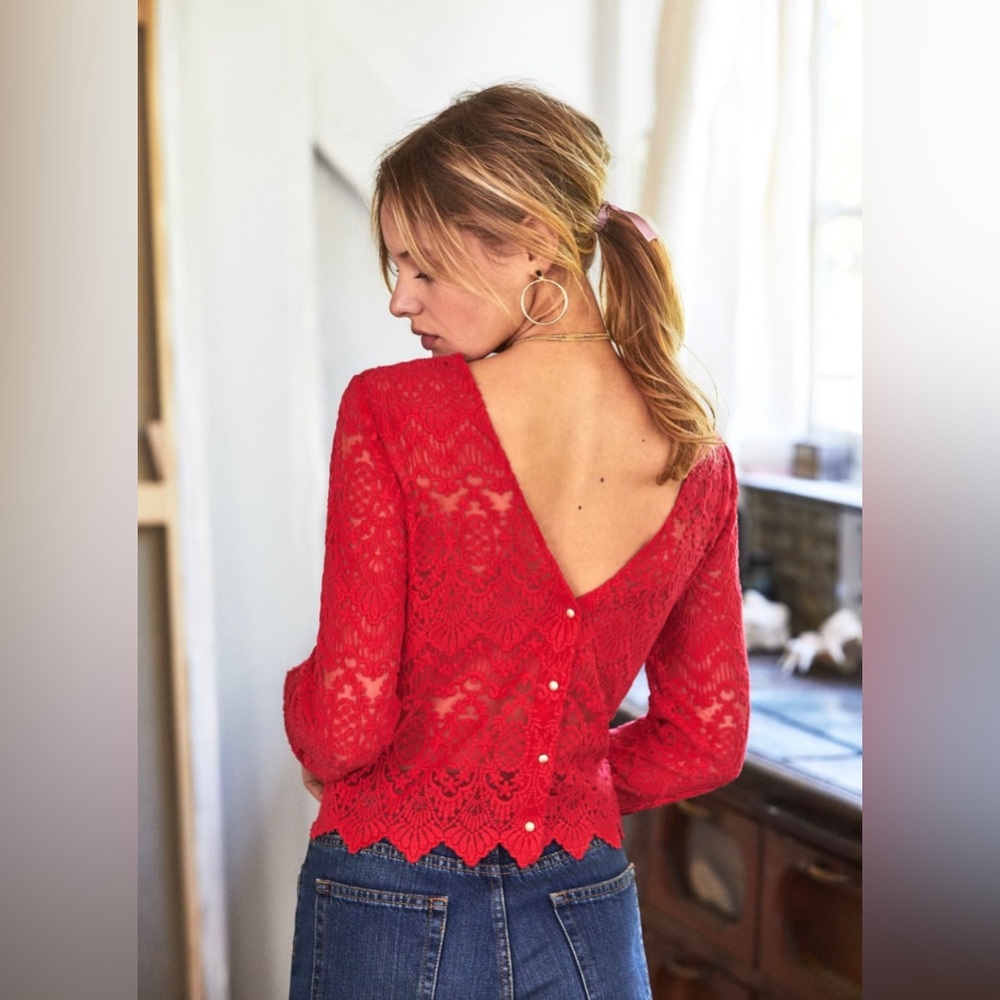 Sezane Red Lace Blouse